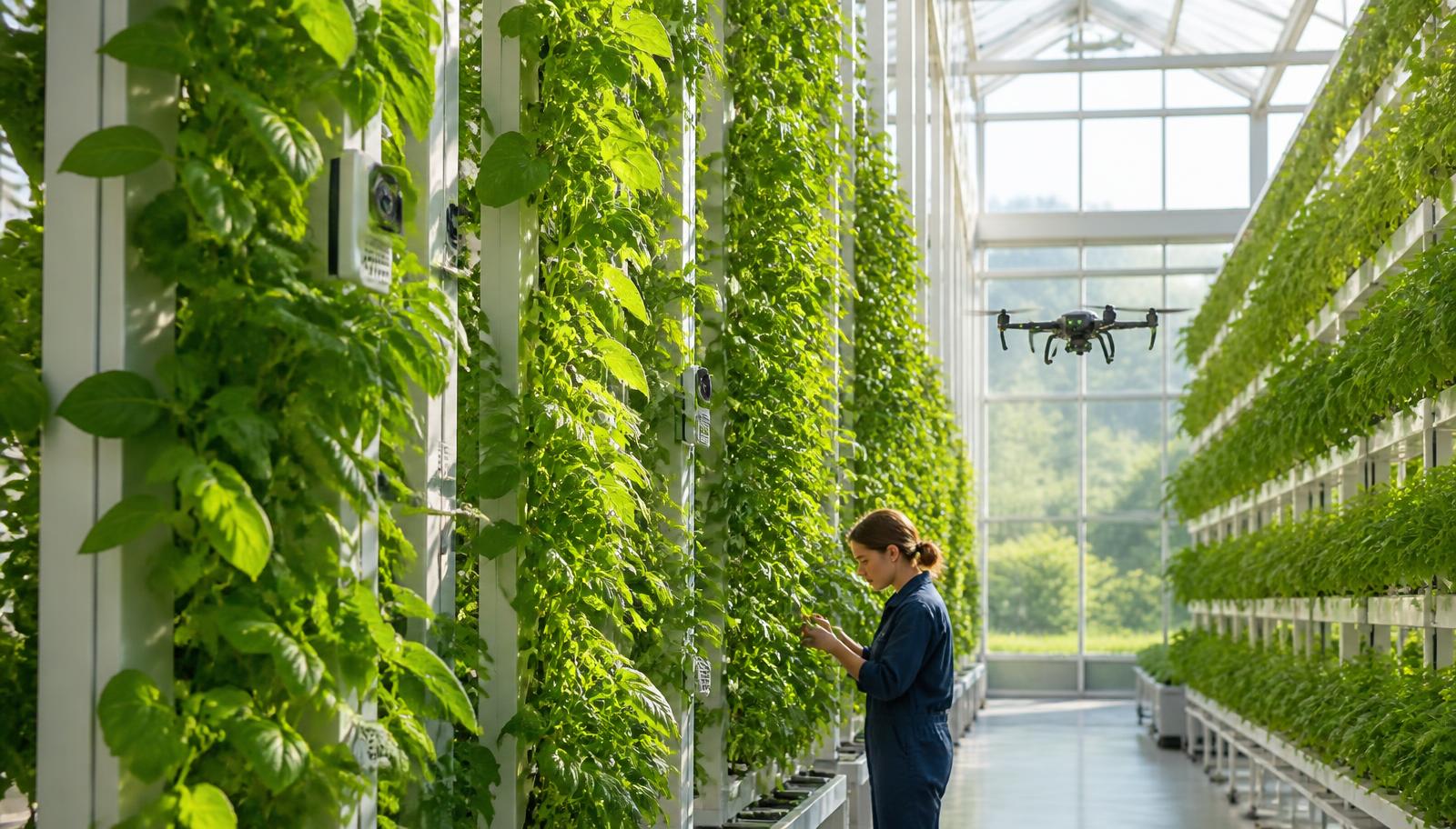 Vertical farm with sensors and a drone in backlight