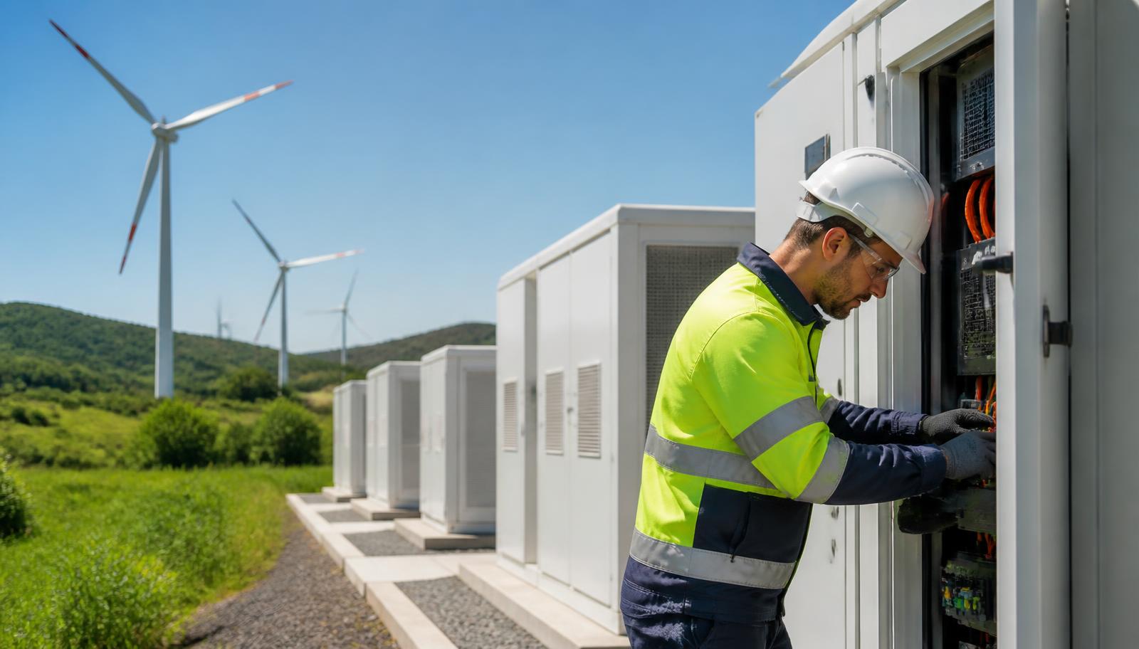 Battery storage containers and a service technician at dawn