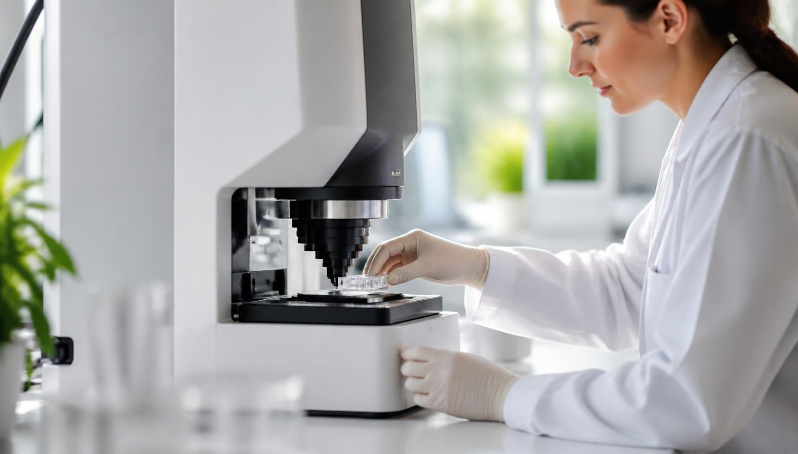 Gloved hands at a diagnostic instrument in blue laboratory light