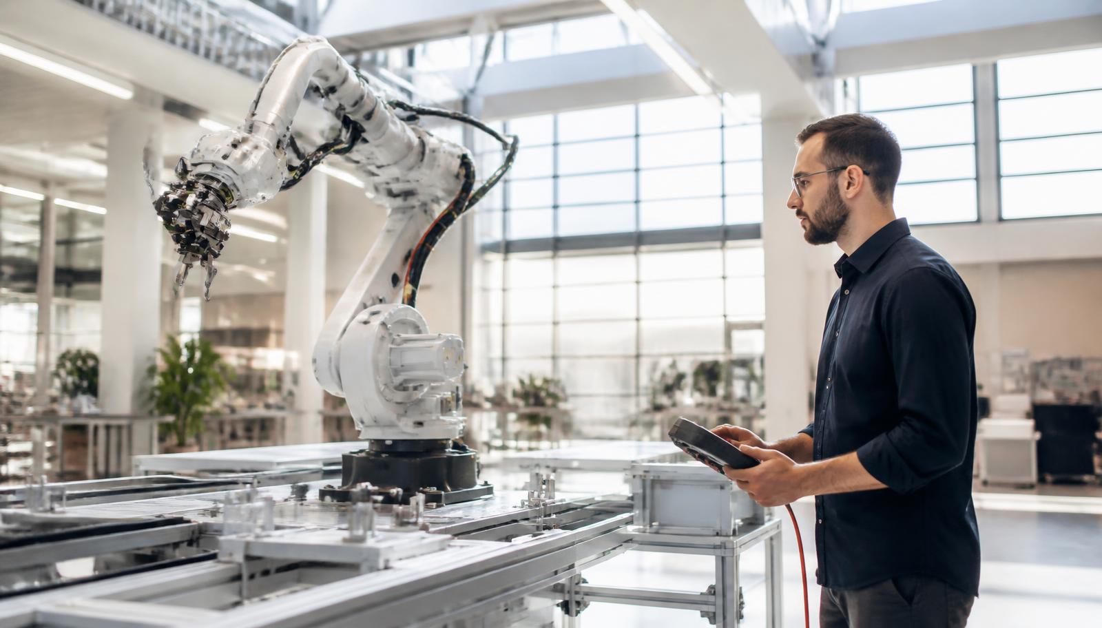 Robot arm in a factory hall, sparks, a person watching from the background