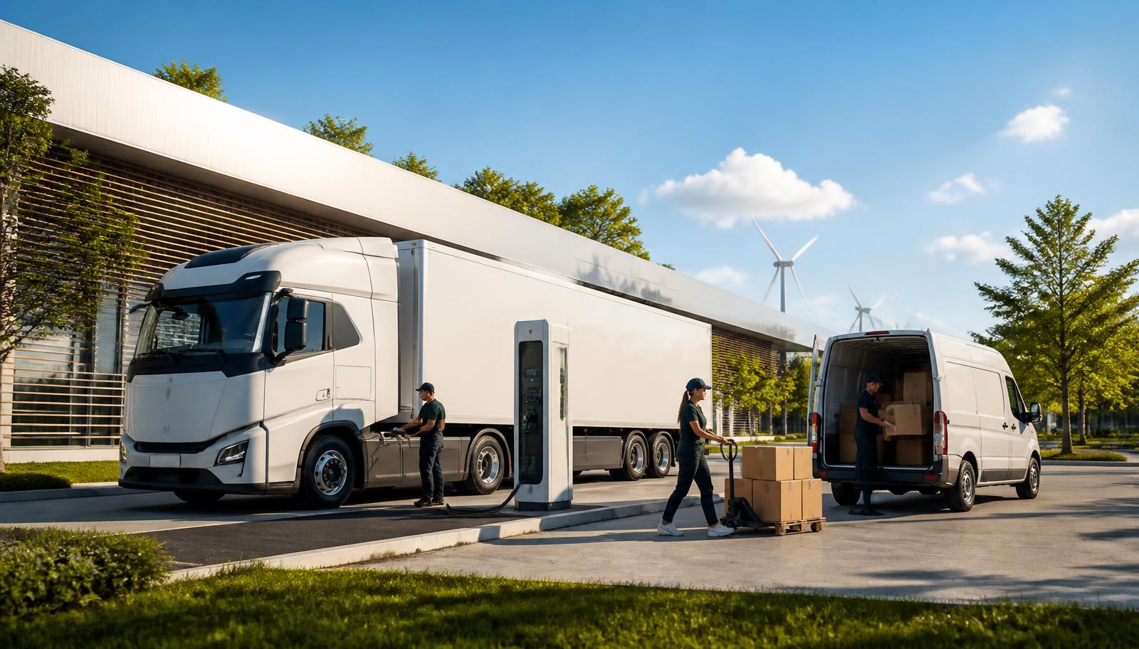 Charging infrastructure and a logistics hub at dusk